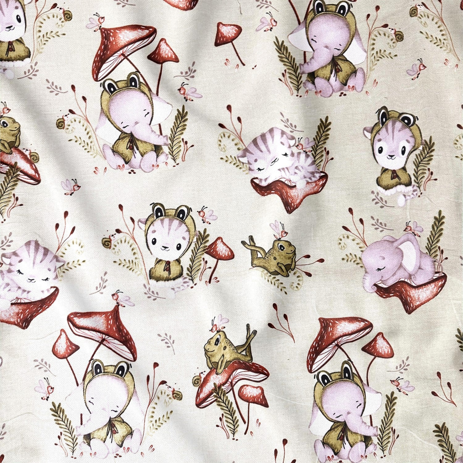 Cotton Fabric - Baby Cat and Elephants
