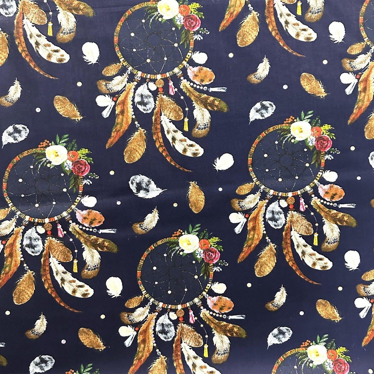 Cotton Fabric - Big Brown Dream Catchers on Navy Blue