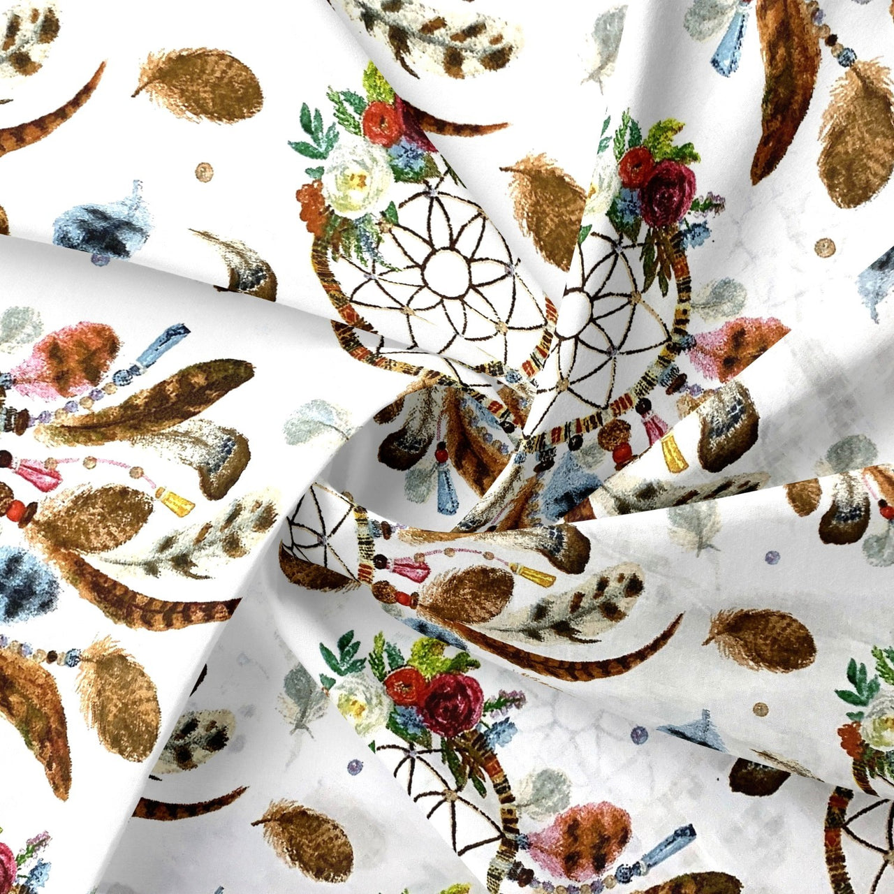 Cotton Fabric - Big Brown Dream Catchers on White