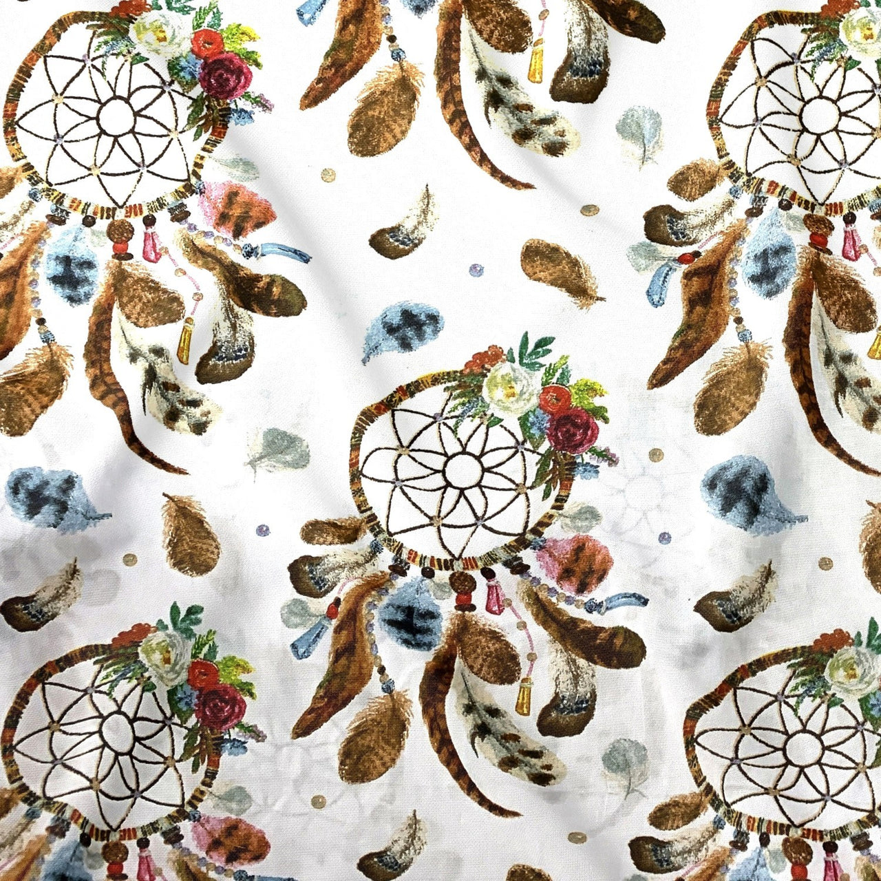 Cotton Fabric - Big Brown Dream Catchers on White