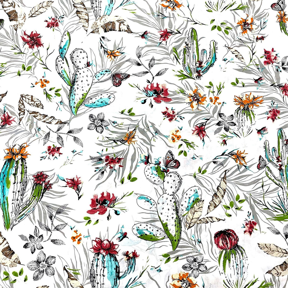 Cotton Fabric - Cactus And Flowers On White