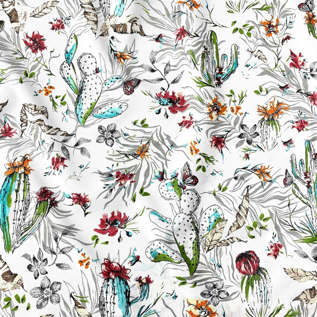 Cotton Fabric - Cactus And Flowers On White