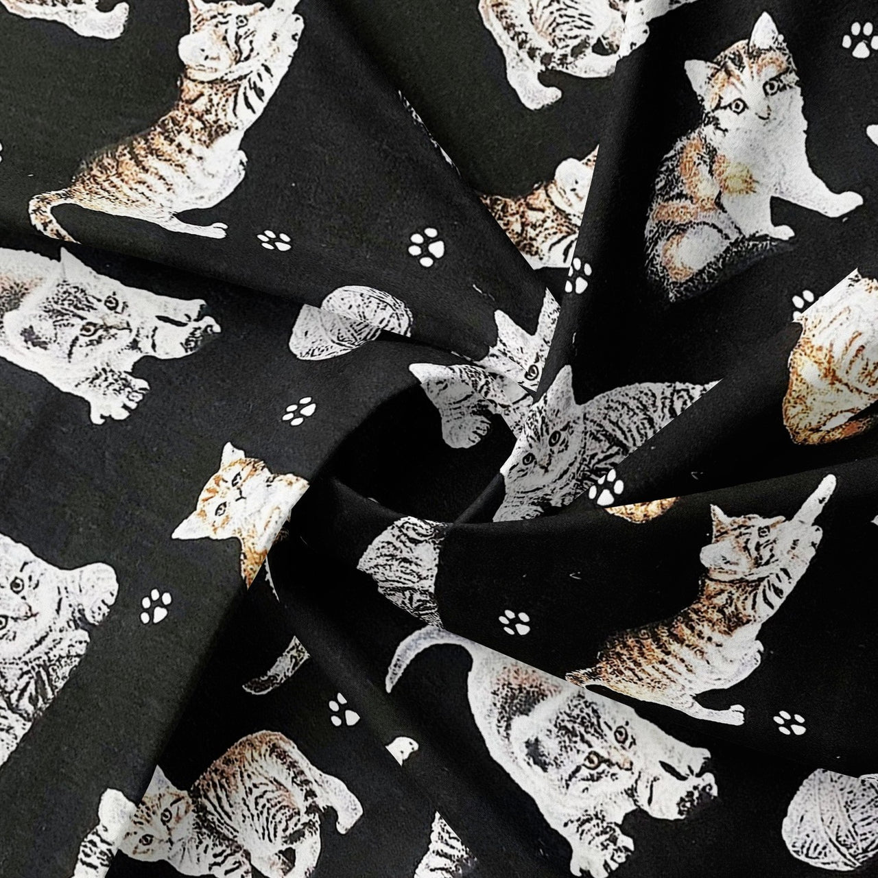 Cotton Fabric - Cats Paws and Yarn on Black