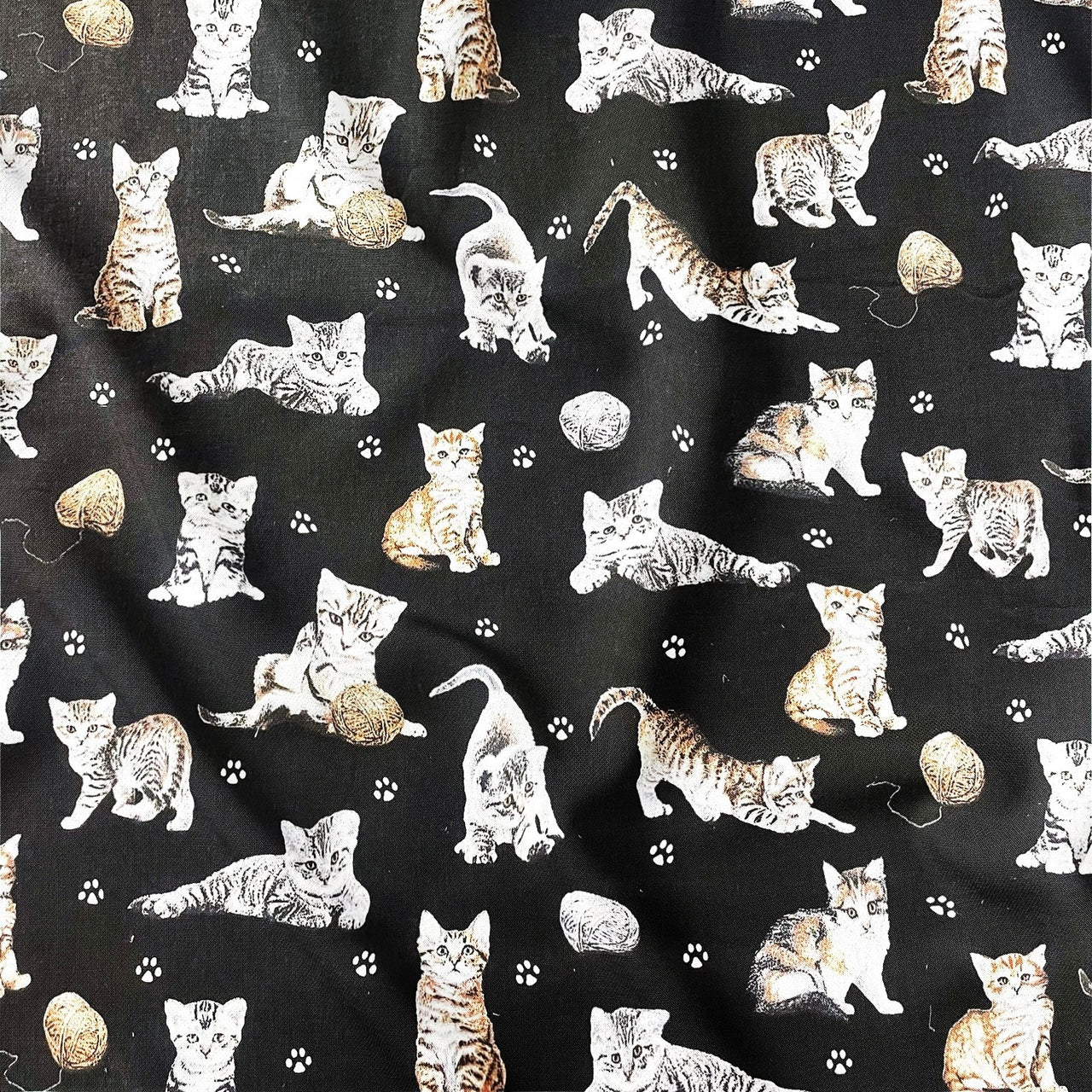 Cotton Fabric - Cats Paws and Yarn on Black