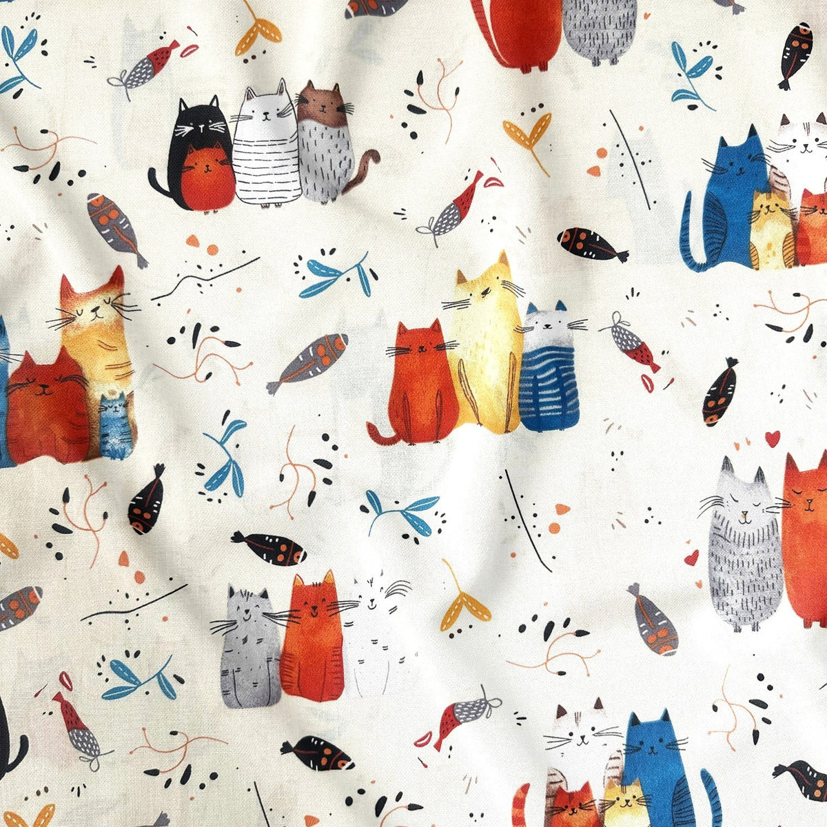 Cotton Fabric - Cats and Fish on Ecru