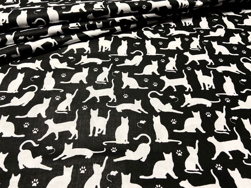 Cotton Fabric - Cats and Paws on Black