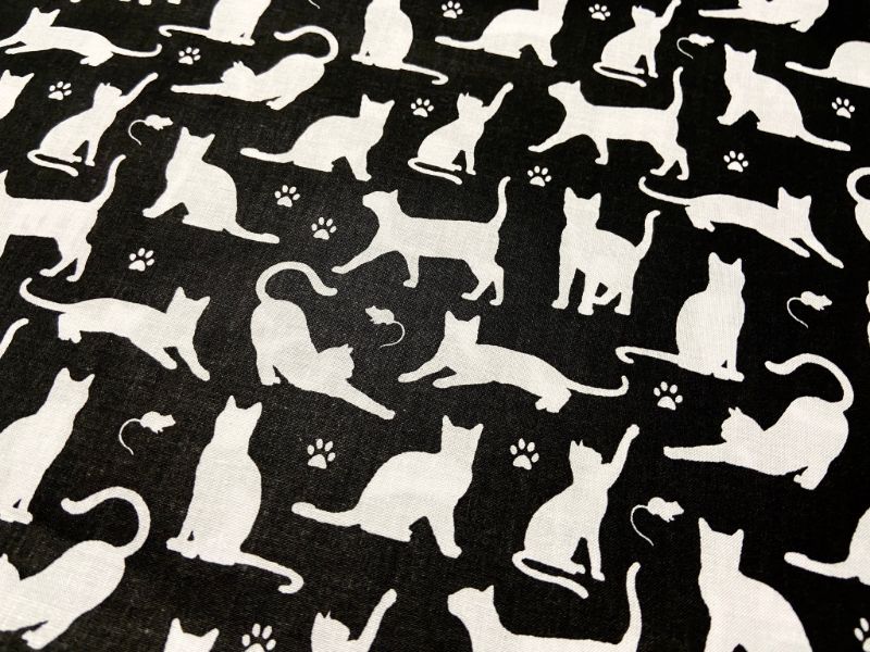 Cotton Fabric - Cats and Paws on Black