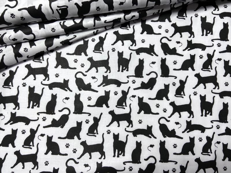 Cotton Fabric - Cats and Paws on White