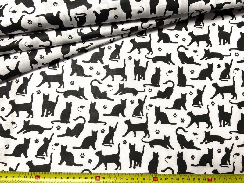Cotton Fabric - Cats and Paws on White
