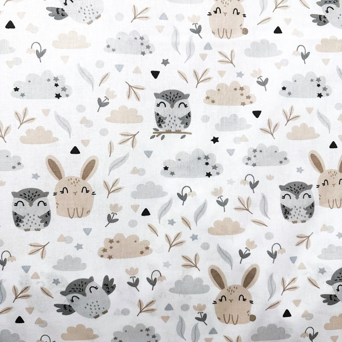Cotton Fabric - Children Owls and Bunnies