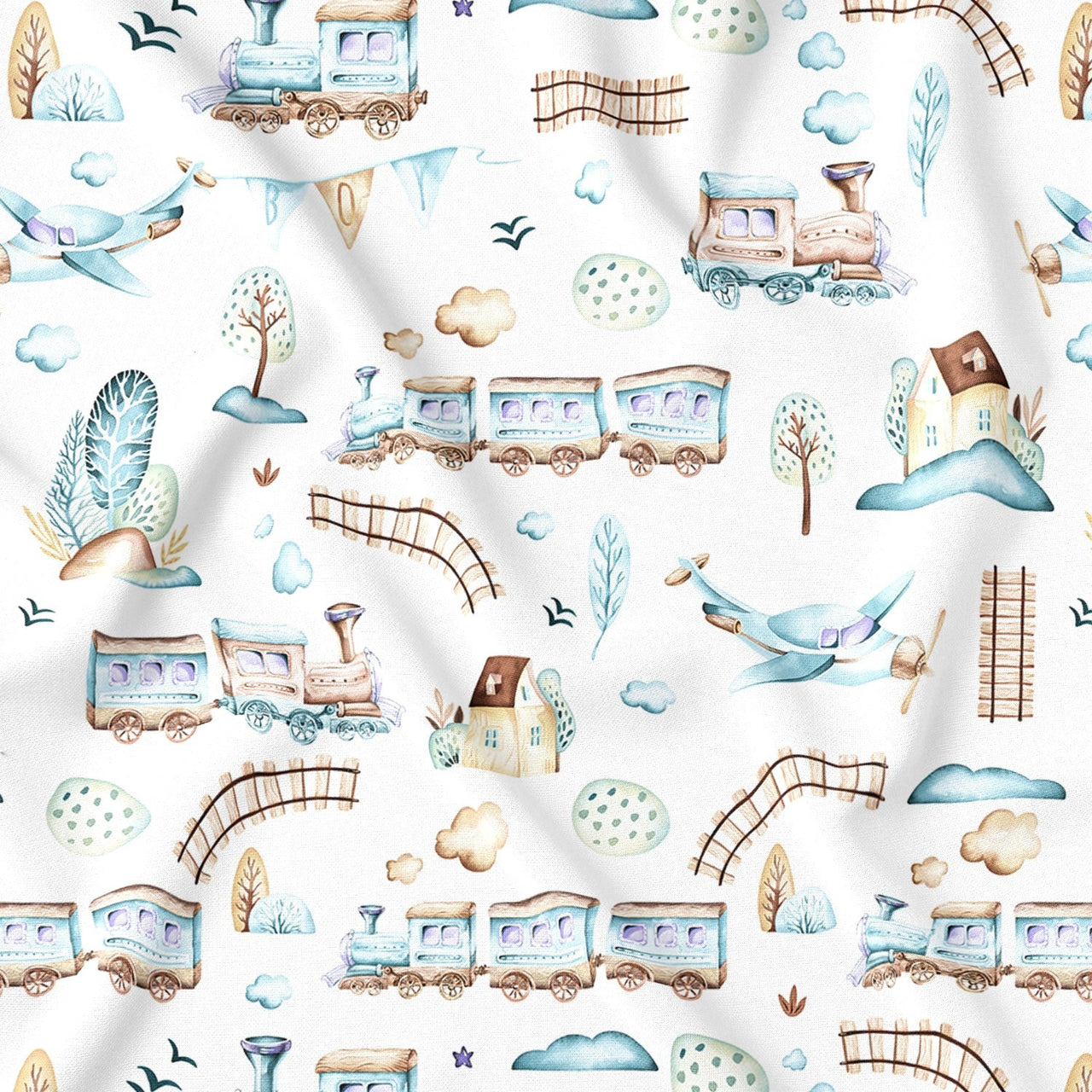 Cotton Fabric - Choo-choos Planes and Houses