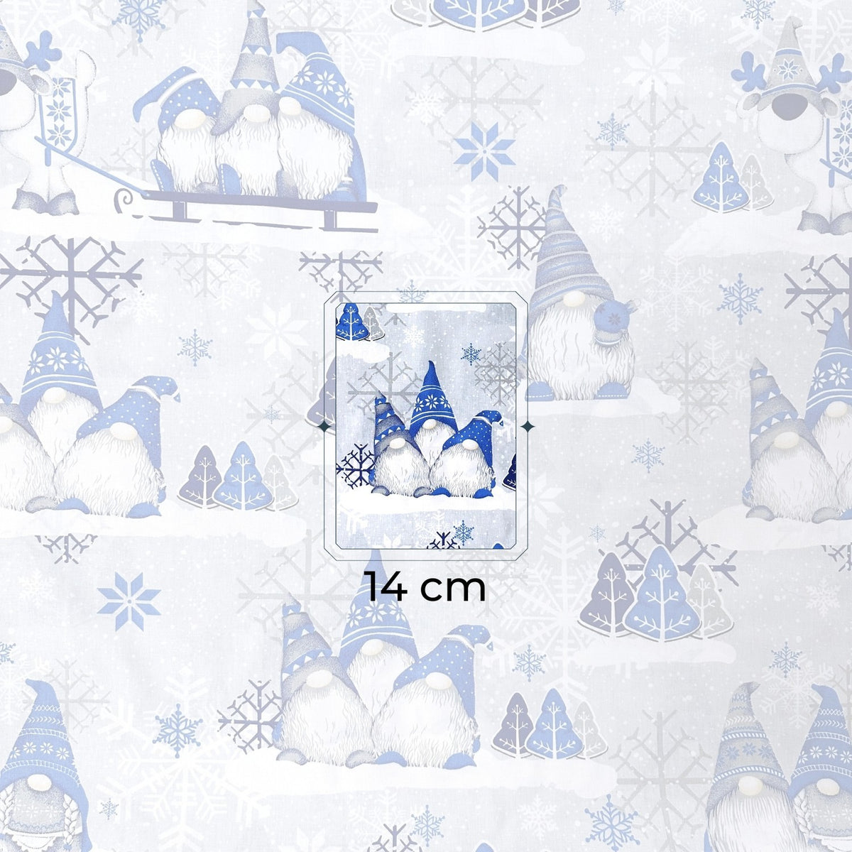 Cotton Fabric - Christmas Blue Gnomes on Gray