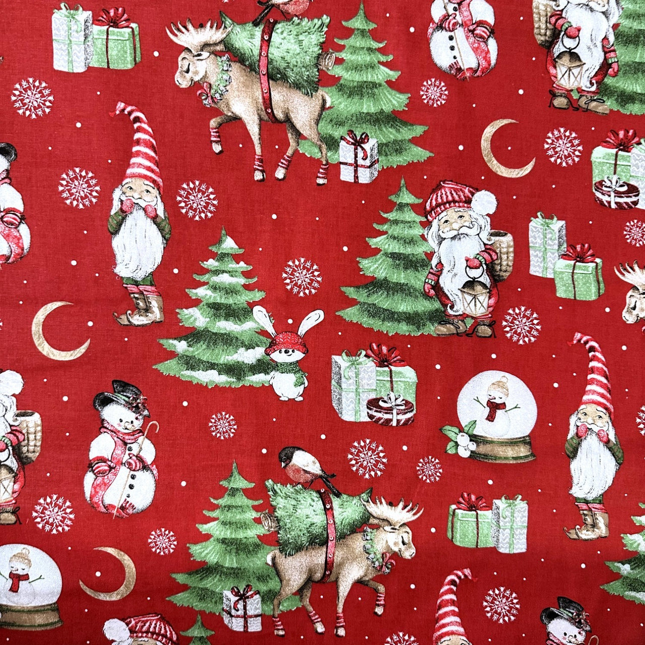 Cotton Fabric - Christmas Reindeer and Santa Claus, Red