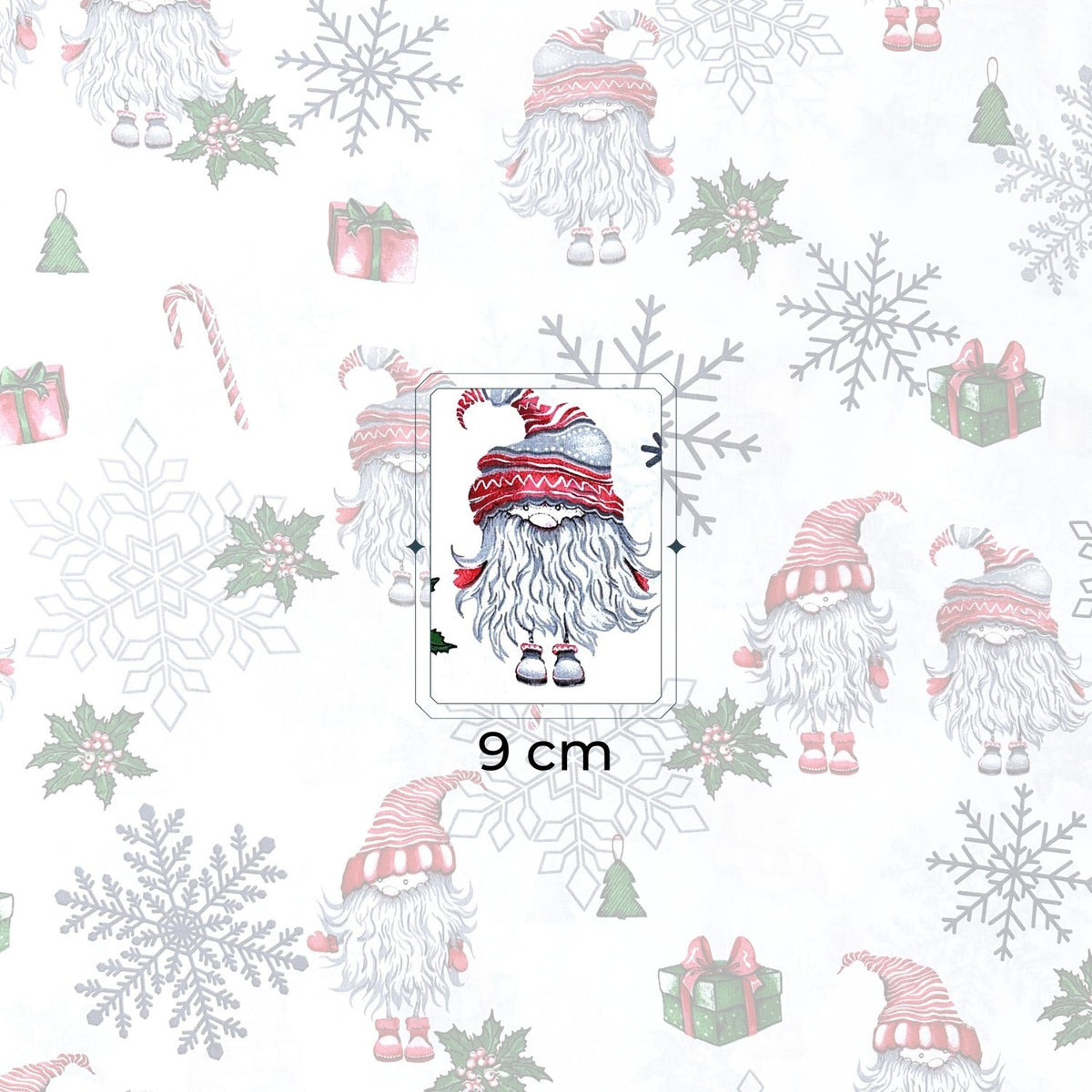 Cotton Fabric - Christmas Santa Clause and Snowflakes on White