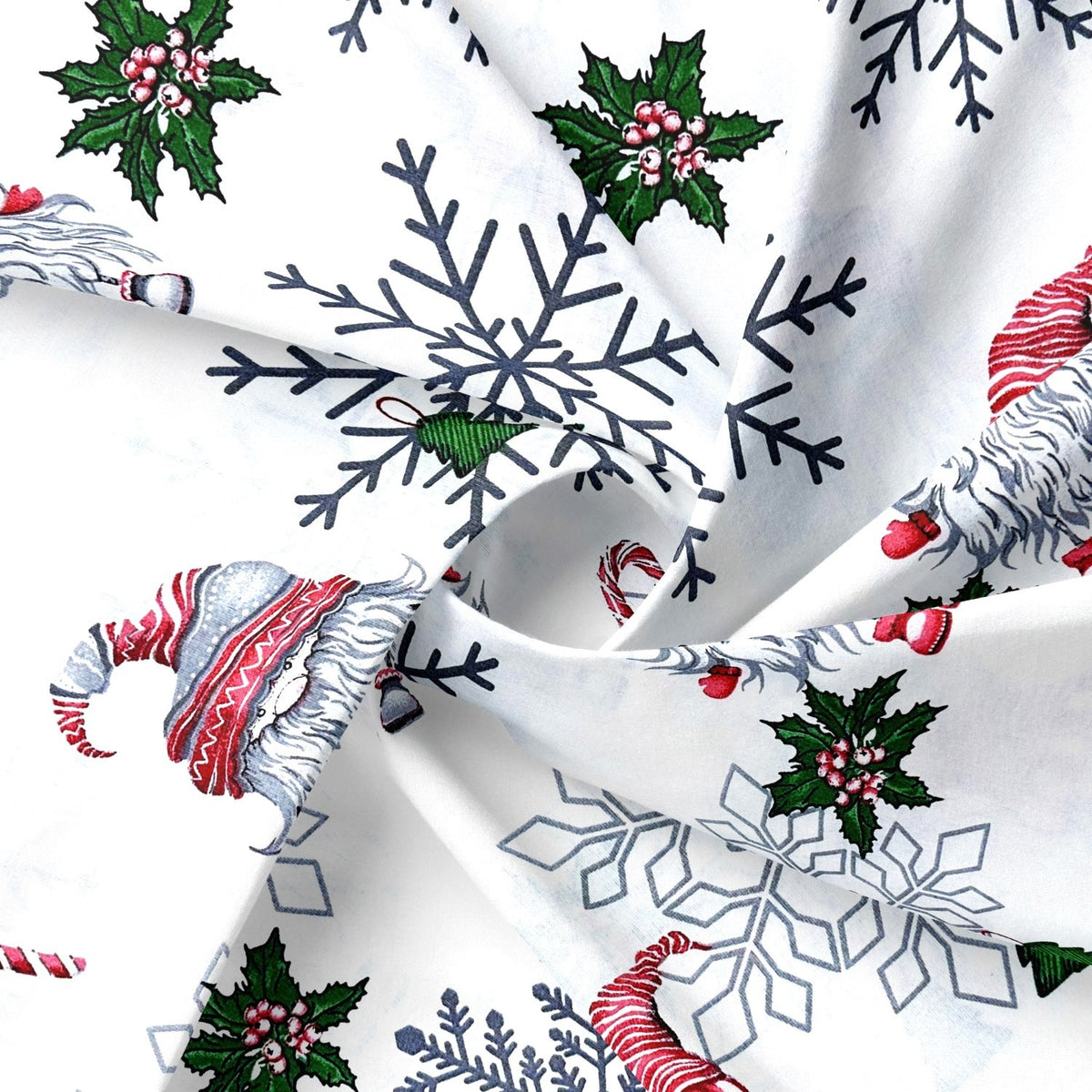 Cotton Fabric - Christmas Santa Clause and Snowflakes on White