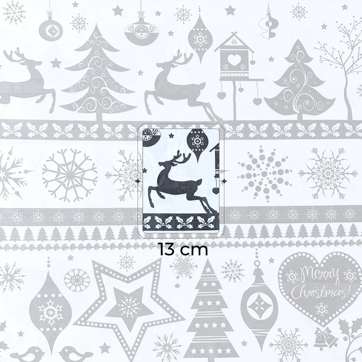 Cotton Fabric - Christmas Trees and Reindeer Grey on White