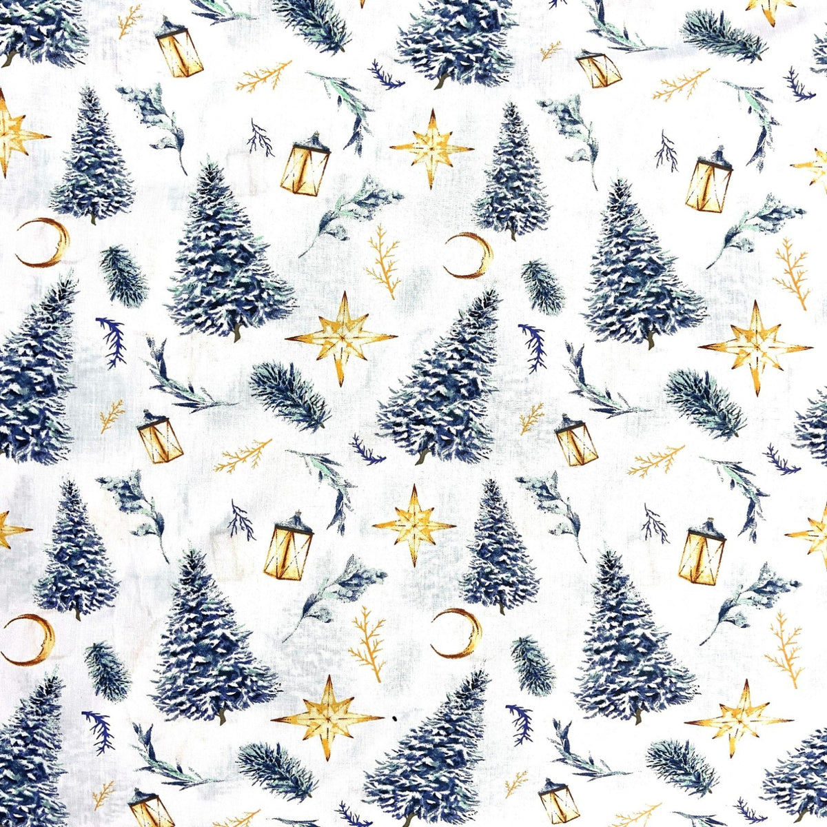 Cotton Fabric - Christmas Trees and Stars, White