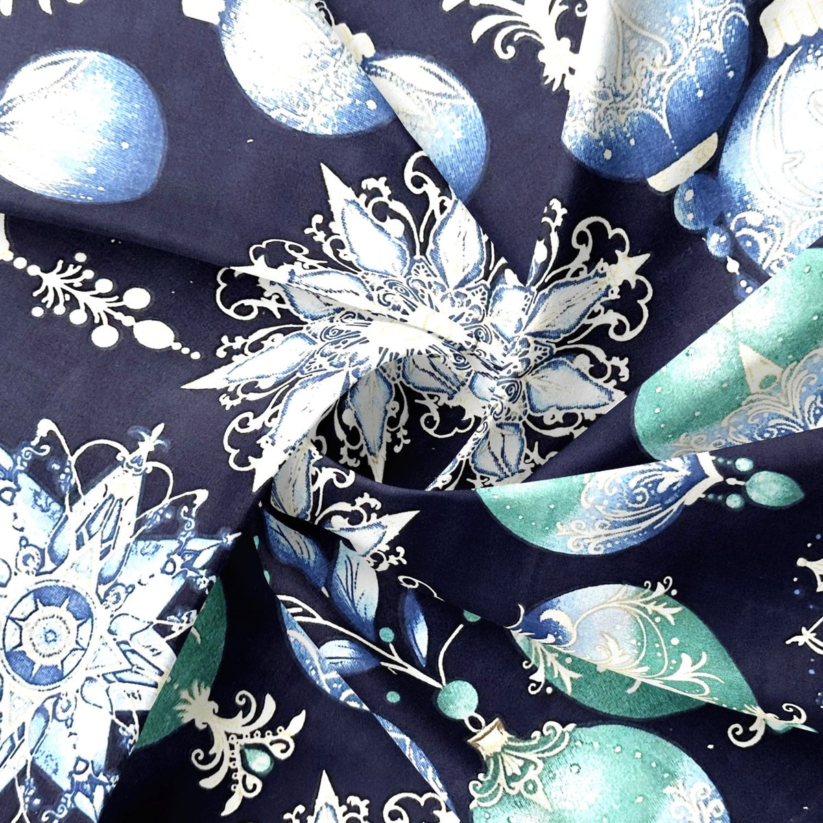 Cotton Fabric - Christmas decorative navy blue baubles