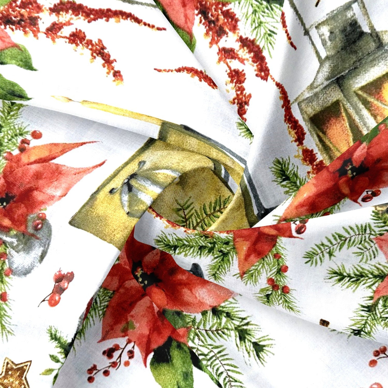 Cotton Fabric - Christmas lamp and red bow