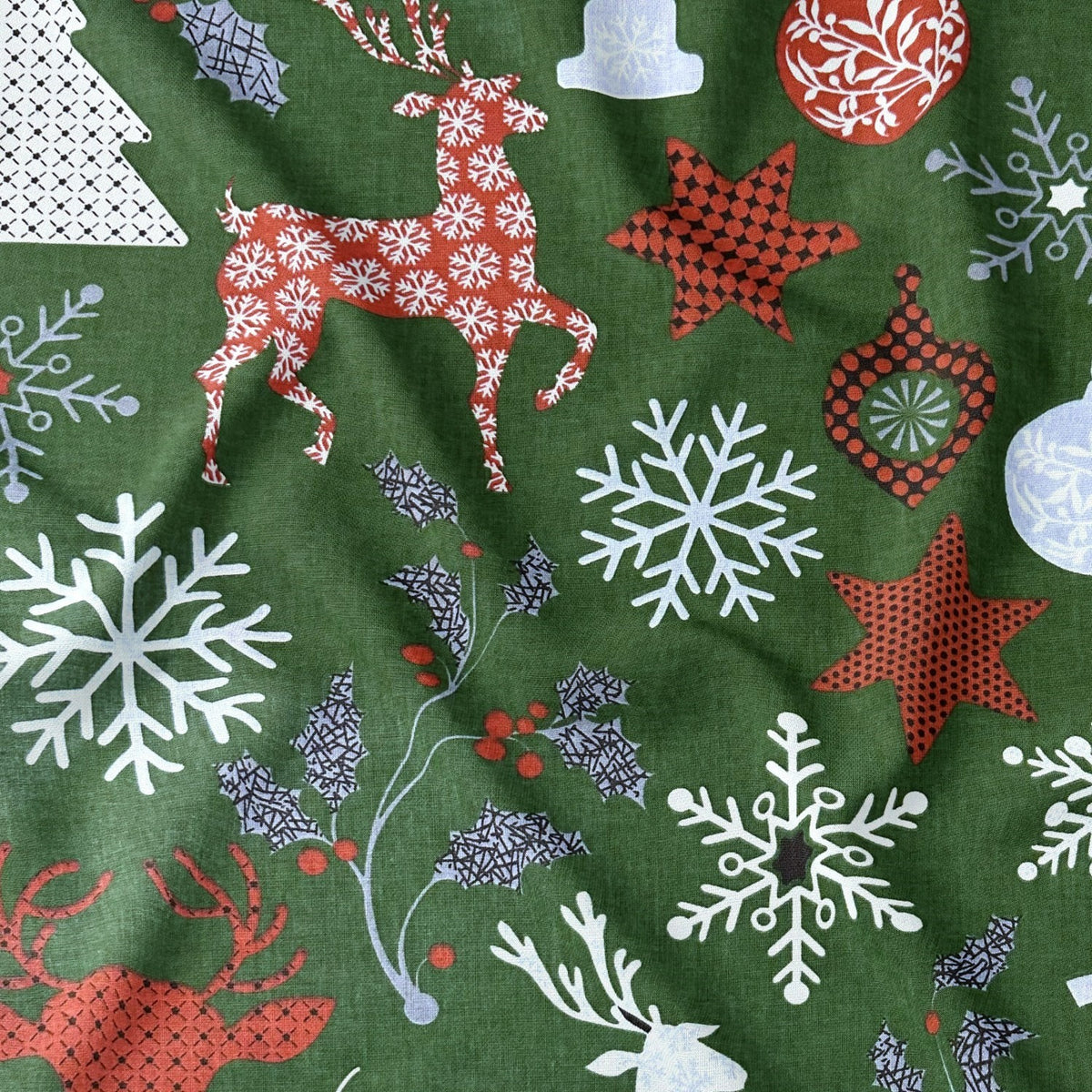 Cotton Fabric - Christmas snowflakes and Reindeer, Green