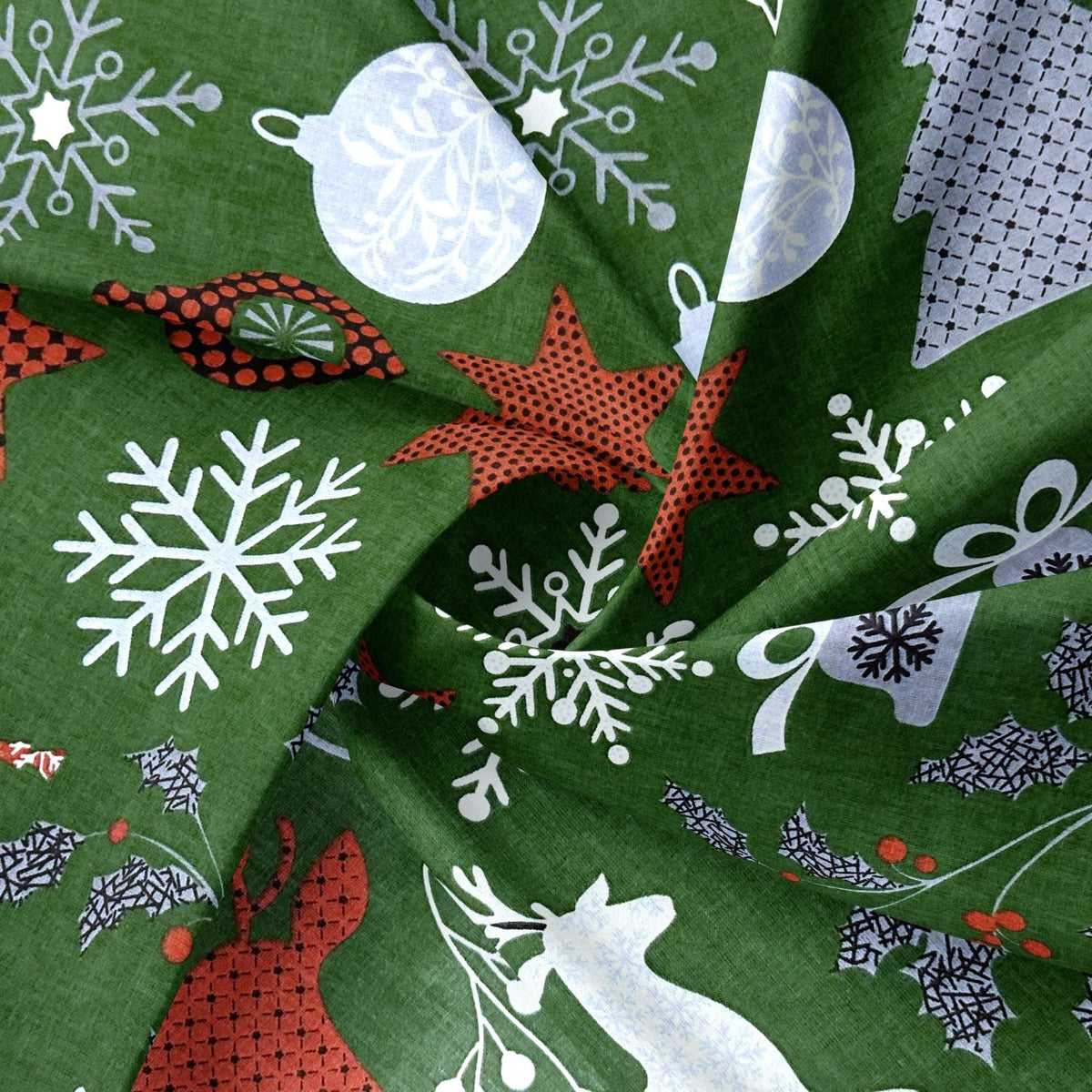 Cotton Fabric - Christmas snowflakes and Reindeer, Green