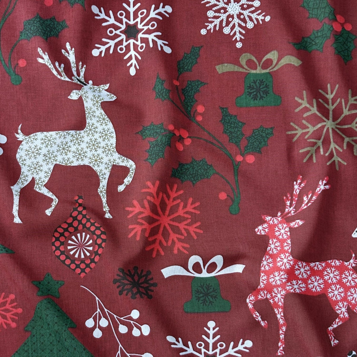 Cotton Fabric - Christmas snowflakes and Reindeer, Red