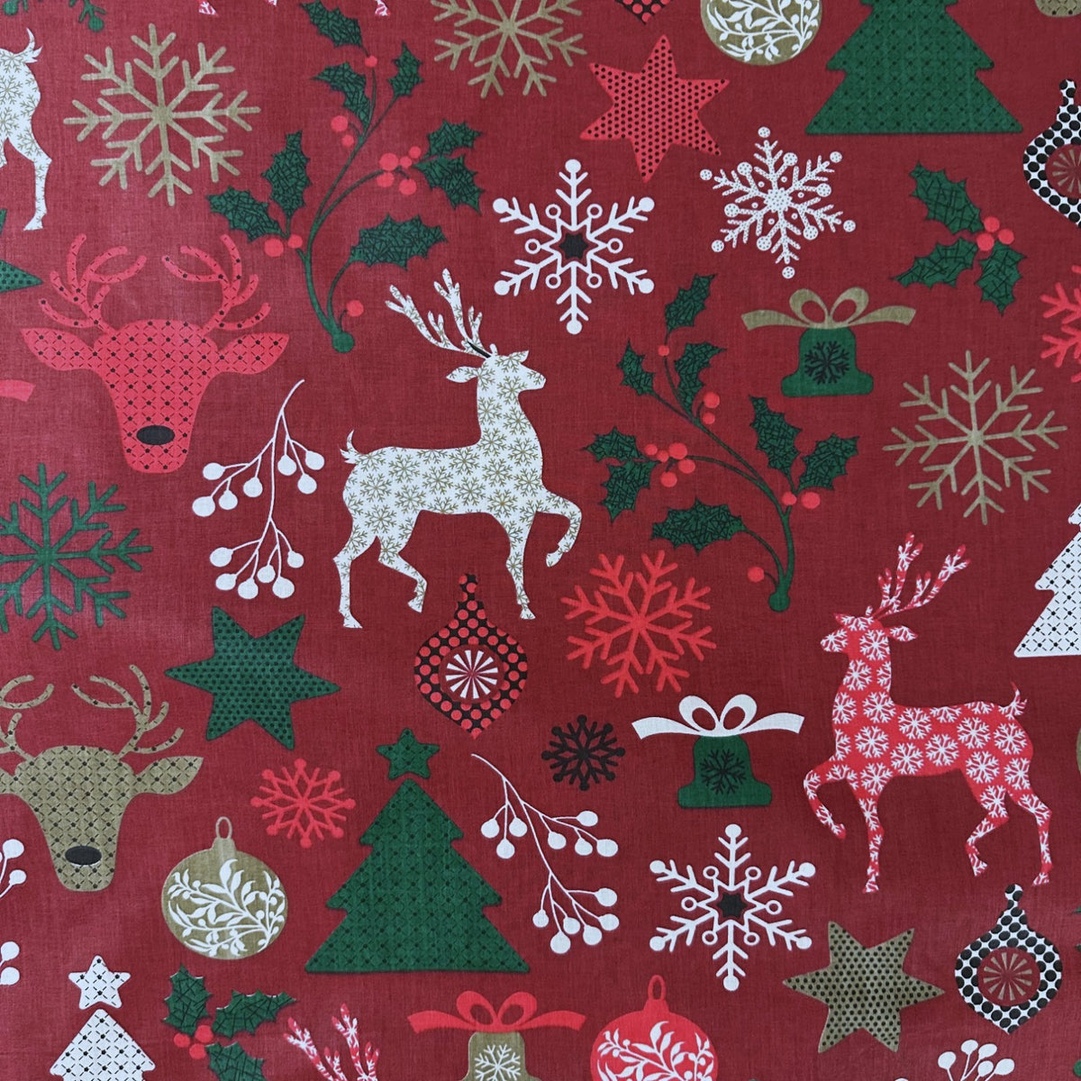Cotton Fabric - Christmas snowflakes and Reindeer, Red