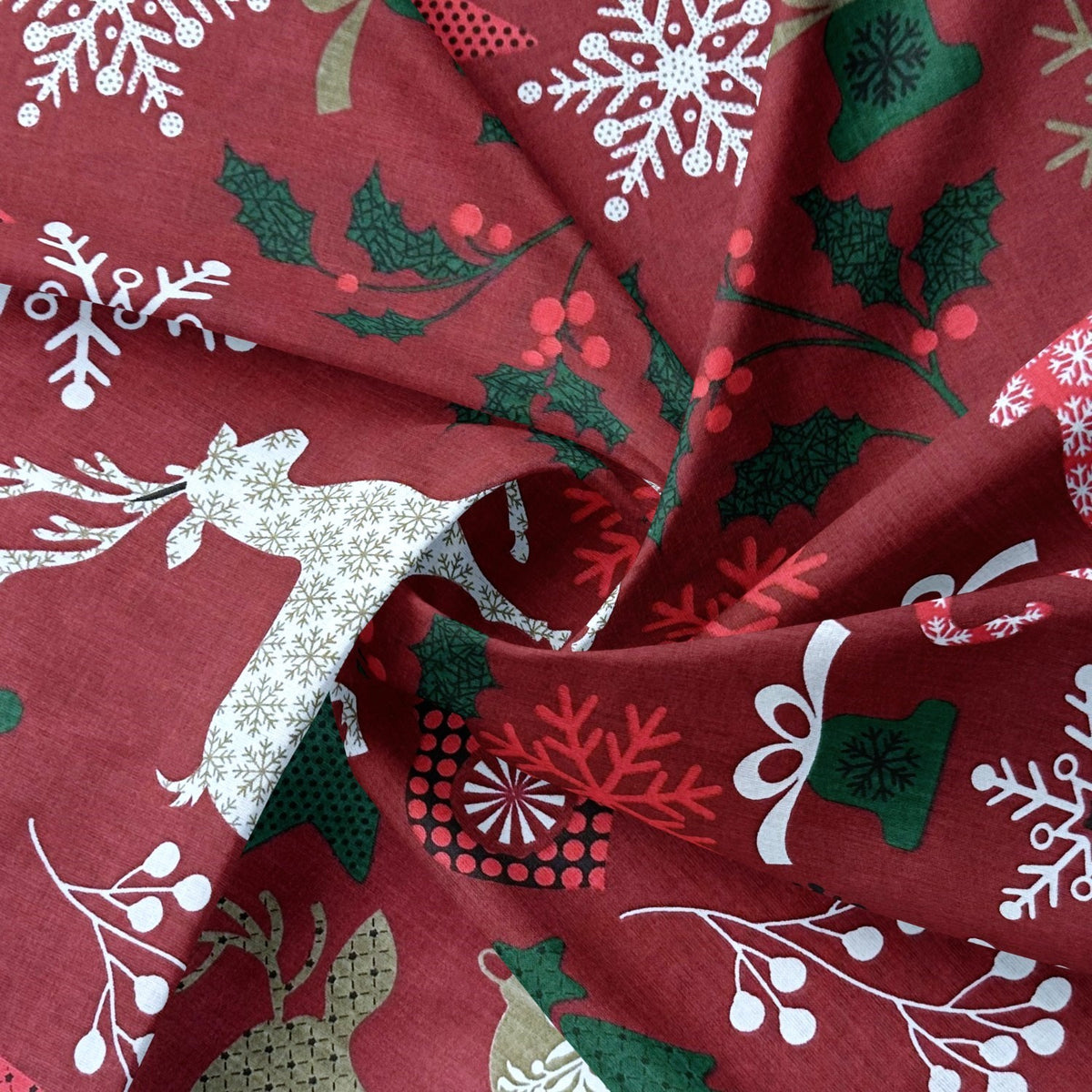 Cotton Fabric - Christmas snowflakes and Reindeer, Red
