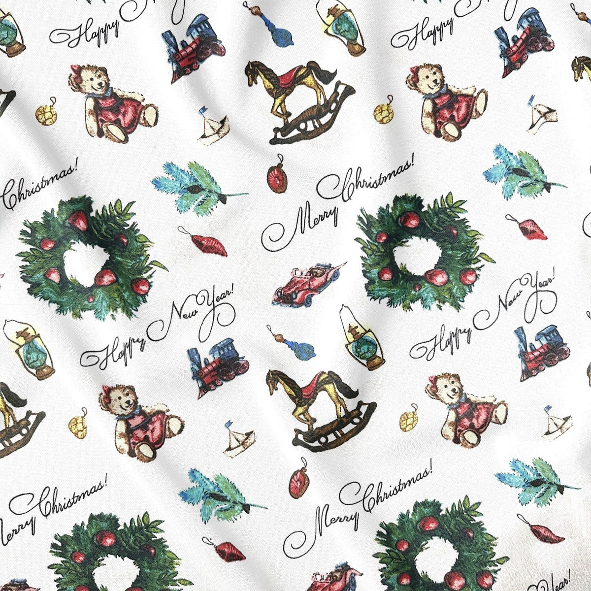 Cotton Fabric - Christmas train, decoration and teddy bear