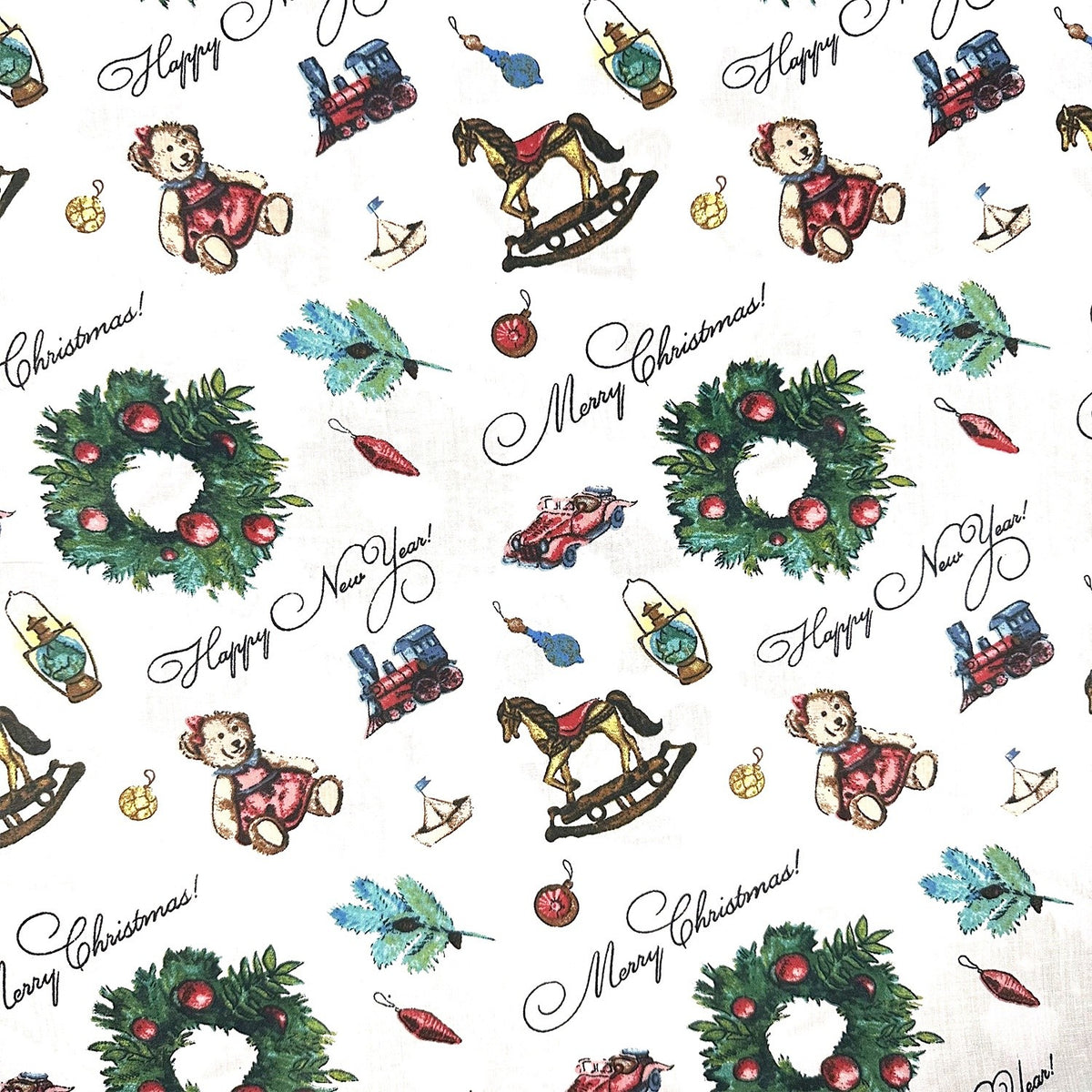 Cotton Fabric - Christmas train, decoration and teddy bear