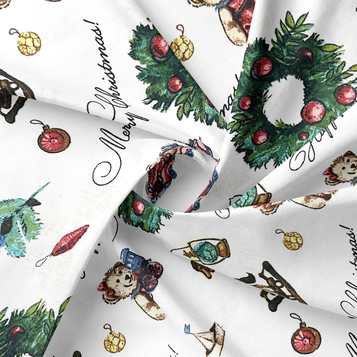 Cotton Fabric - Christmas train, decoration and teddy bear