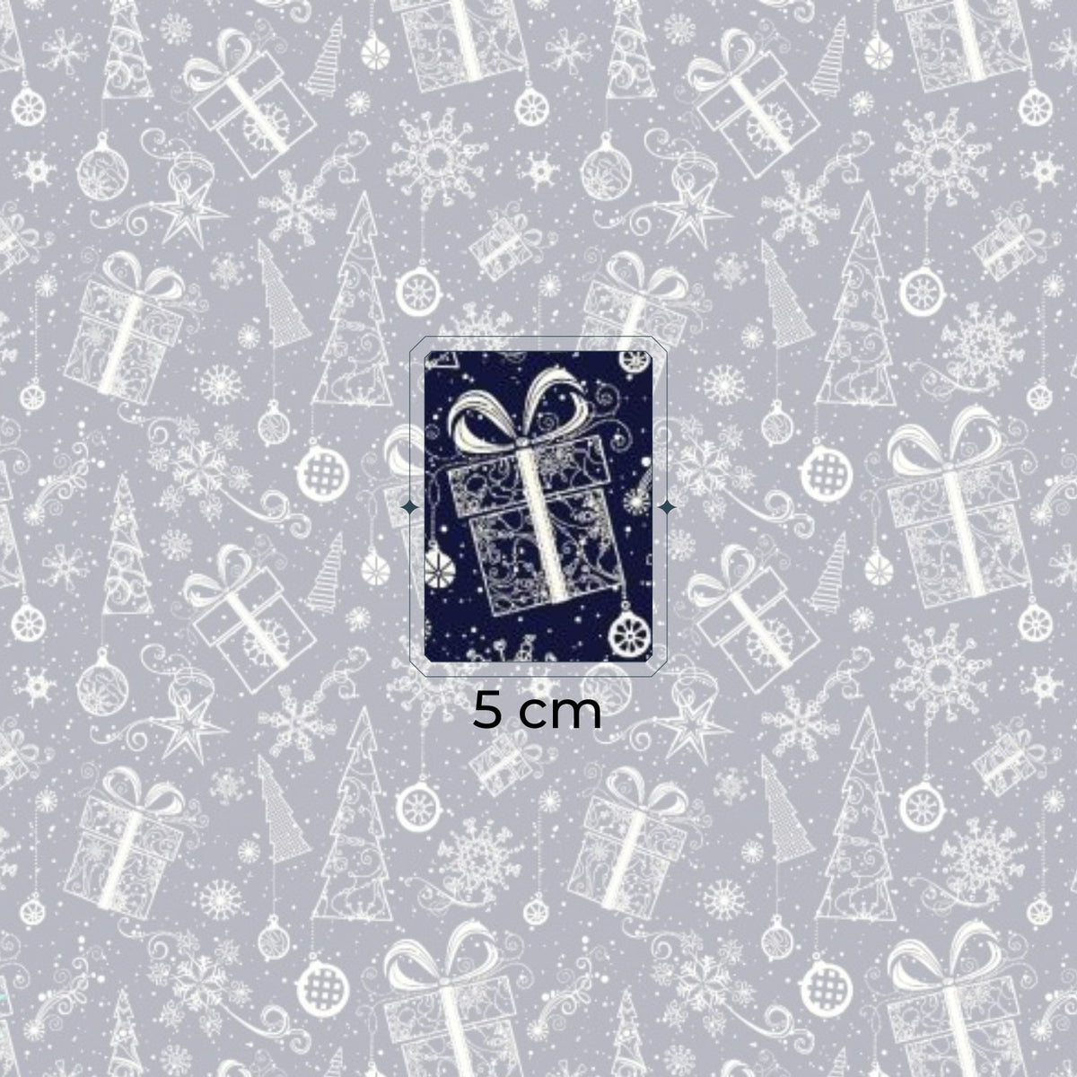 Cotton Fabric - Christmas trees, snowflakes, and presents in navy blue