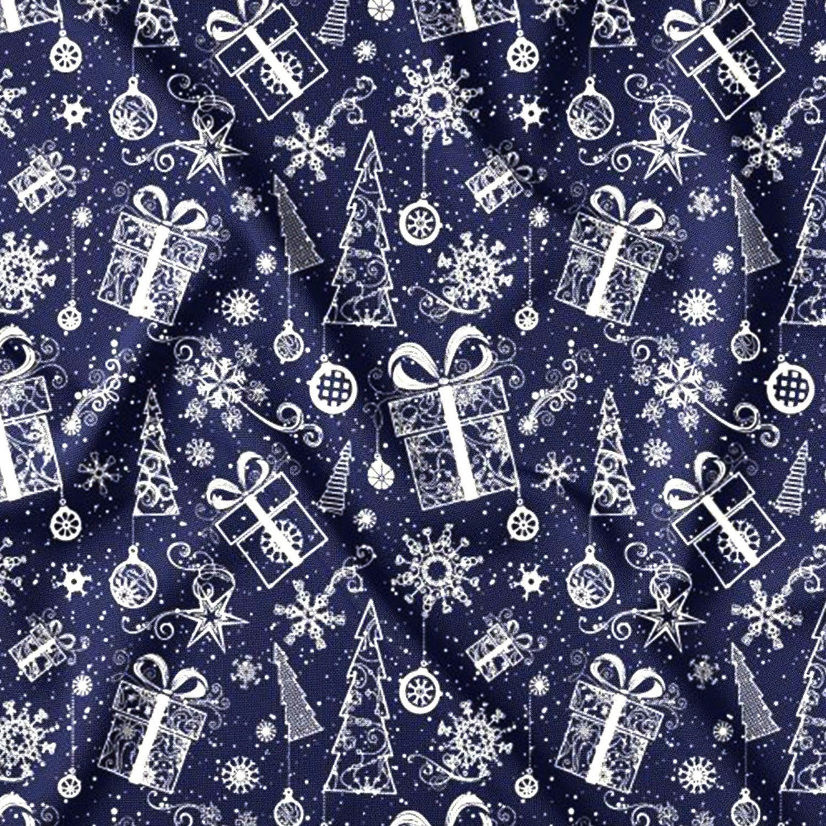 Cotton Fabric - Christmas trees, snowflakes, and presents in navy blue