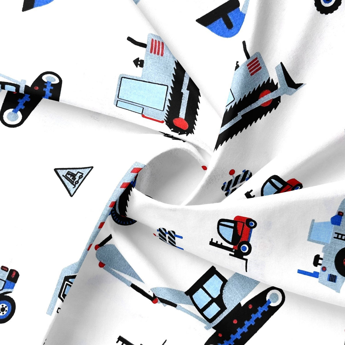 Cotton Fabric - Construction Site Excavator and Crane, Blue