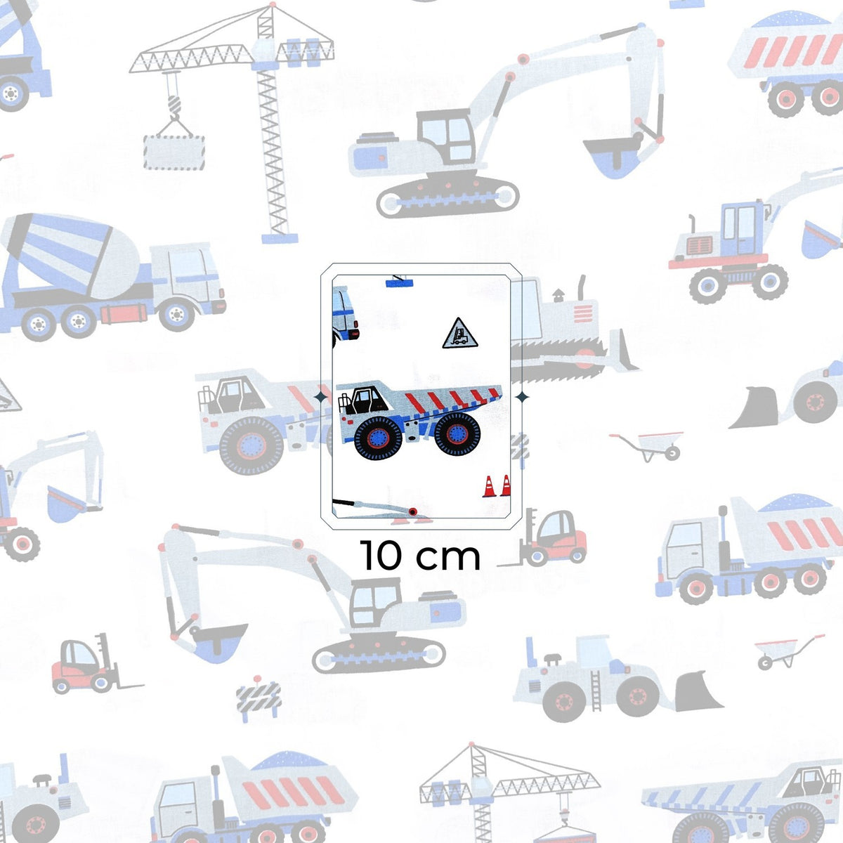 Cotton Fabric - Construction Site Excavator and Crane, Blue