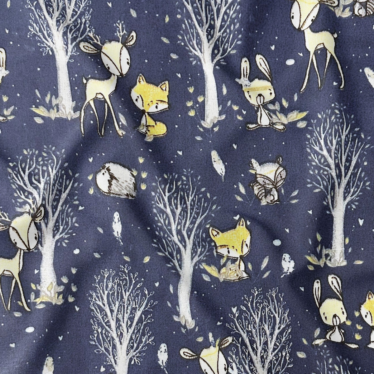 Cotton Fabric - Deer hare and raccoon, navy blue