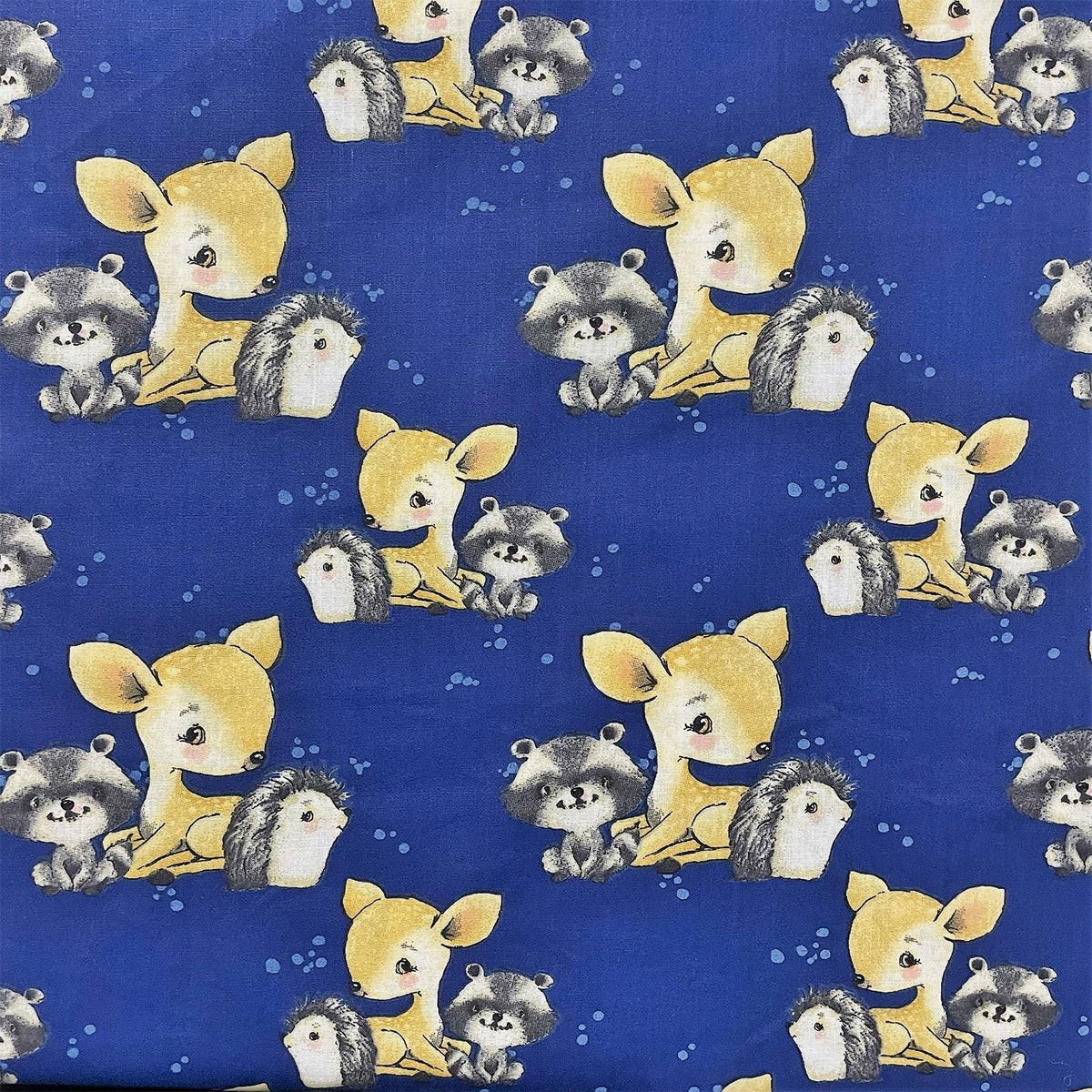 Cotton Fabric - Deer raccoon and hedgehog navy blue