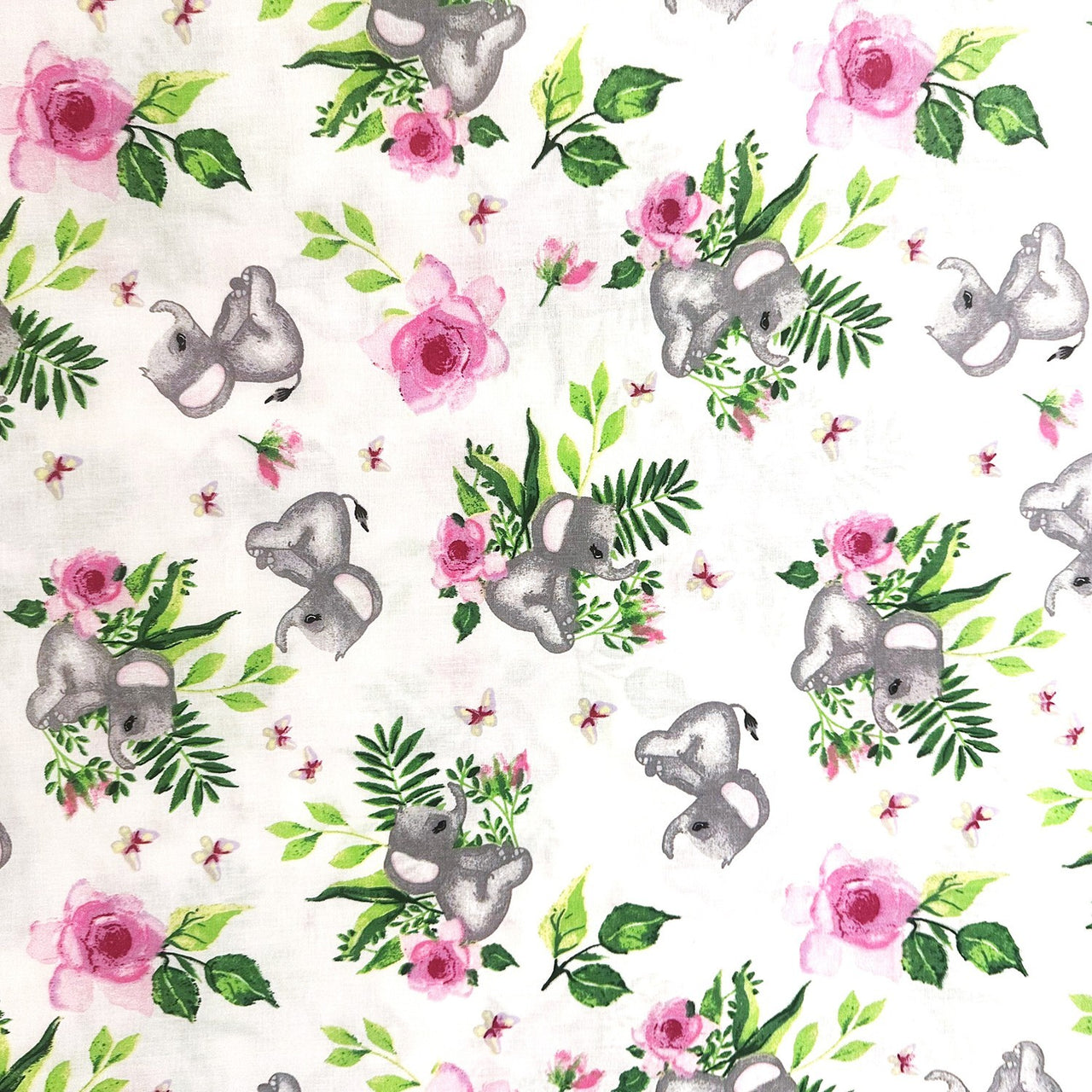 Cotton Fabric - Elephants and Roses