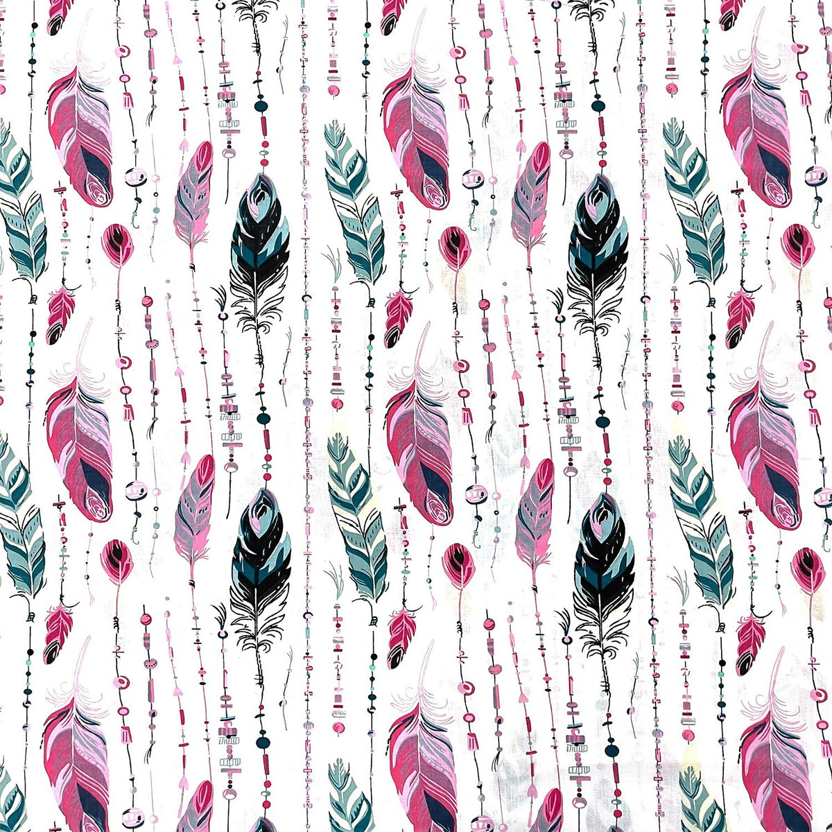 Cotton Fabric - Feathers and Beads Green and Pink