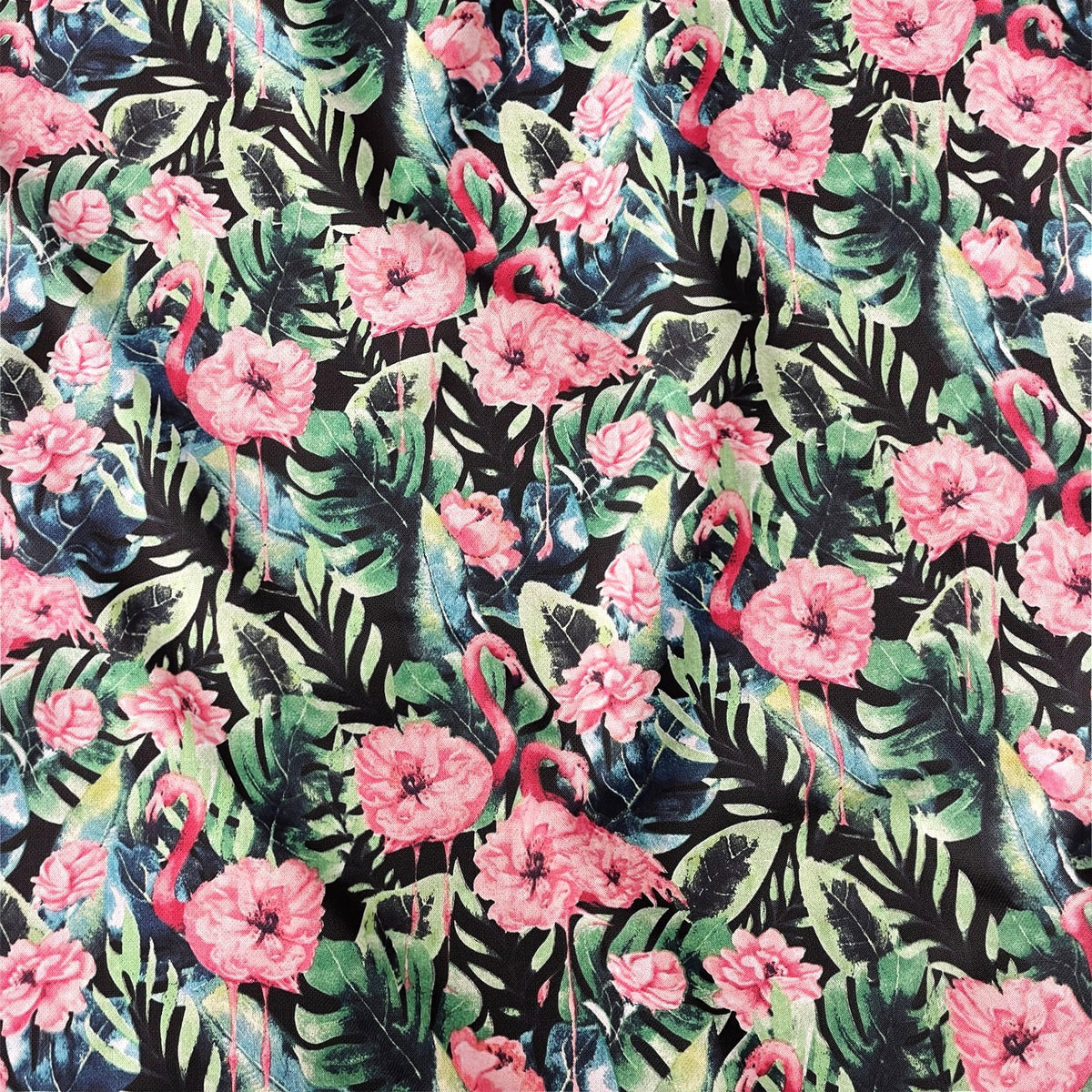 Cotton Fabric - Flamingos in Rose Flowers and Leaves