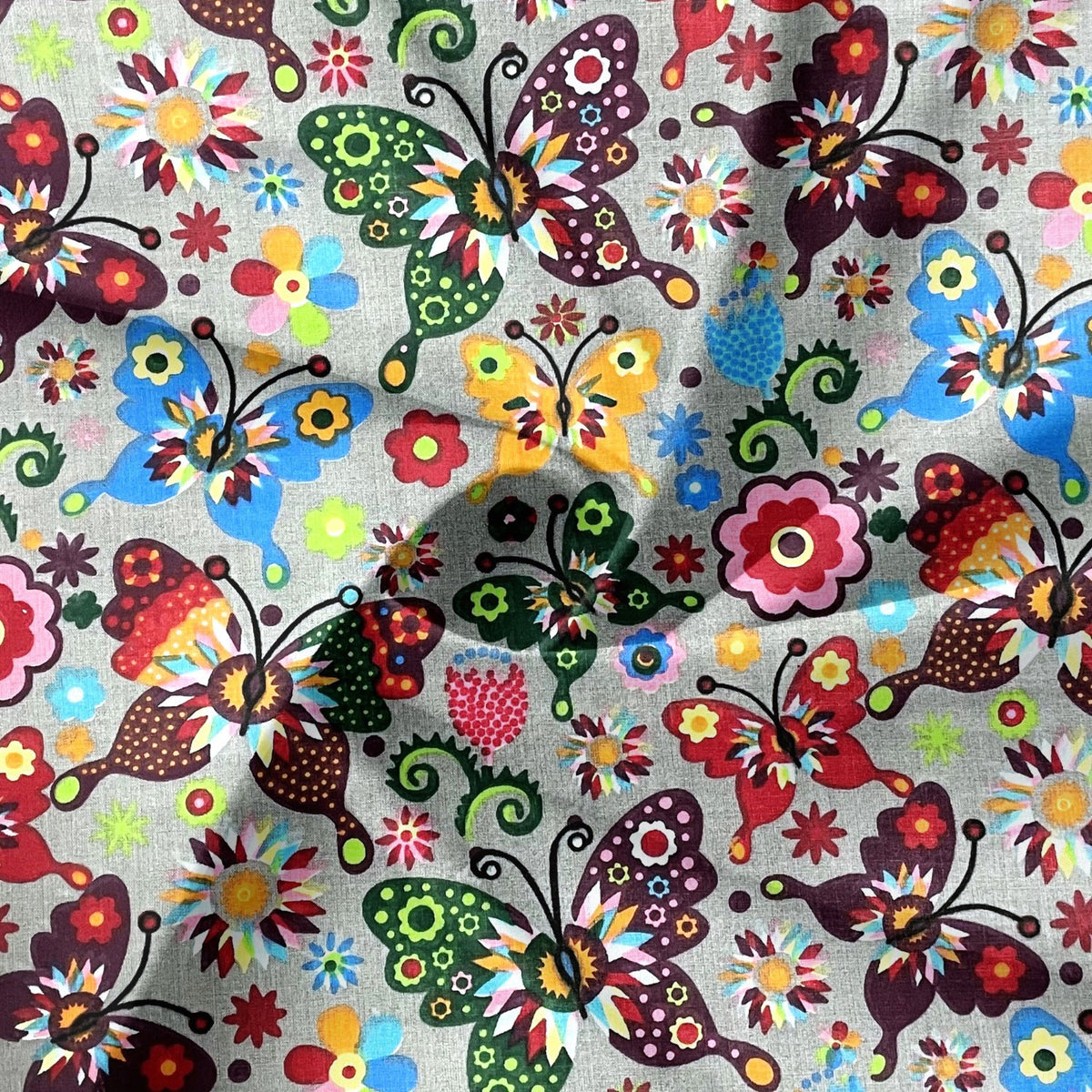 Cotton Fabric - Folk Butterflies Gray
