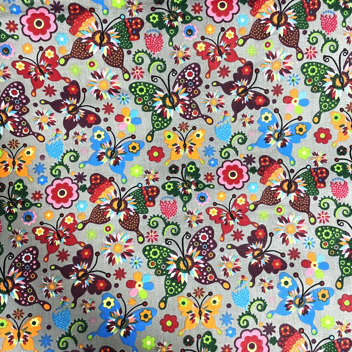 Cotton Fabric - Folk Butterflies Gray