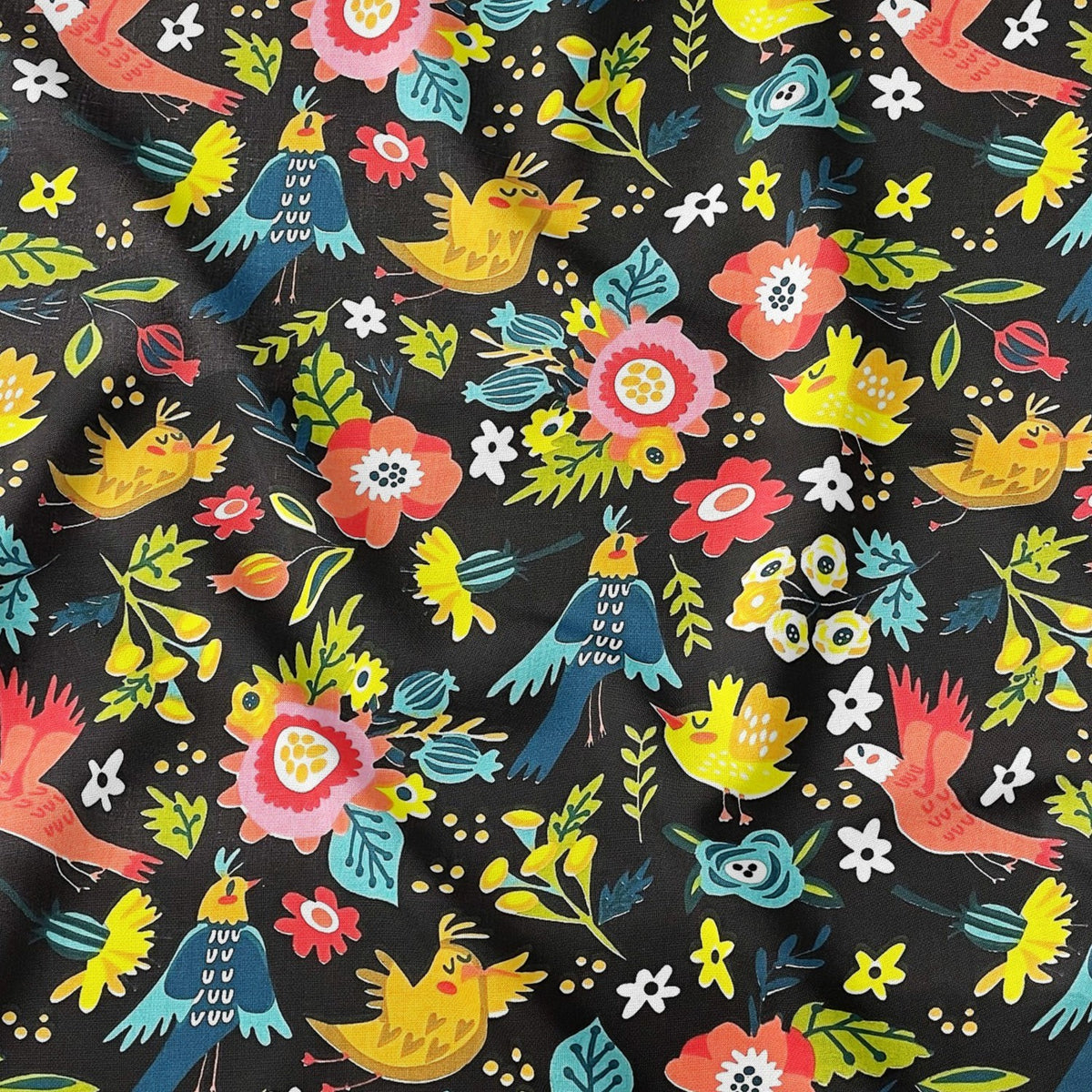 Cotton Fabric - Folklore Hens on Black Background