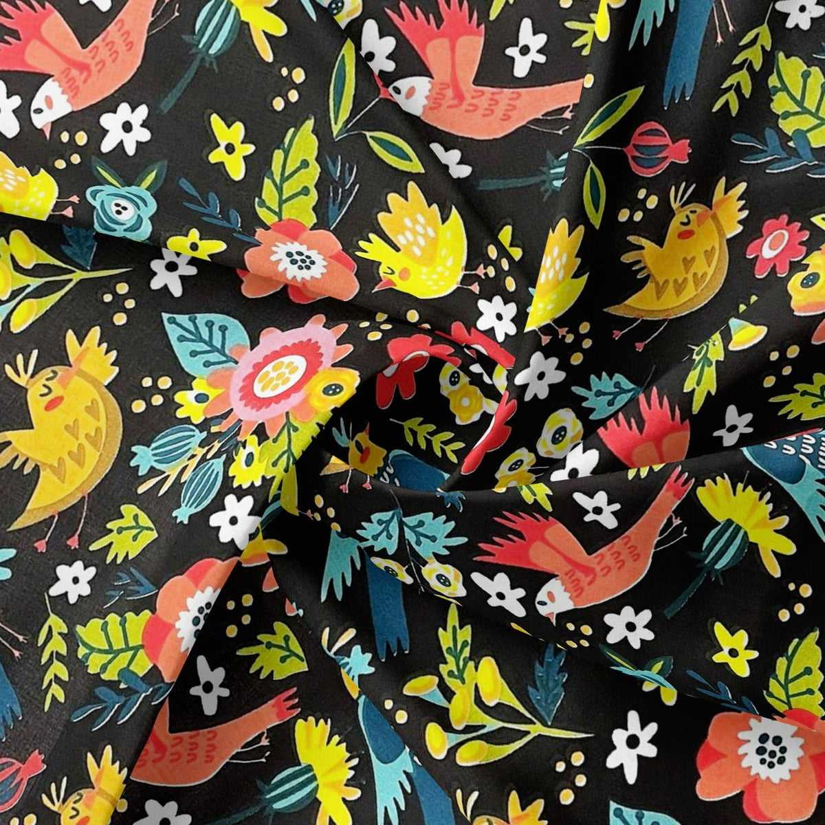 Cotton Fabric - Folklore Hens on Black Background