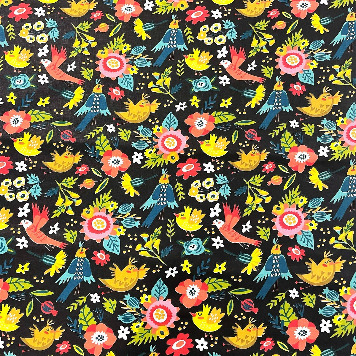Cotton Fabric - Folklore Hens on Black Background