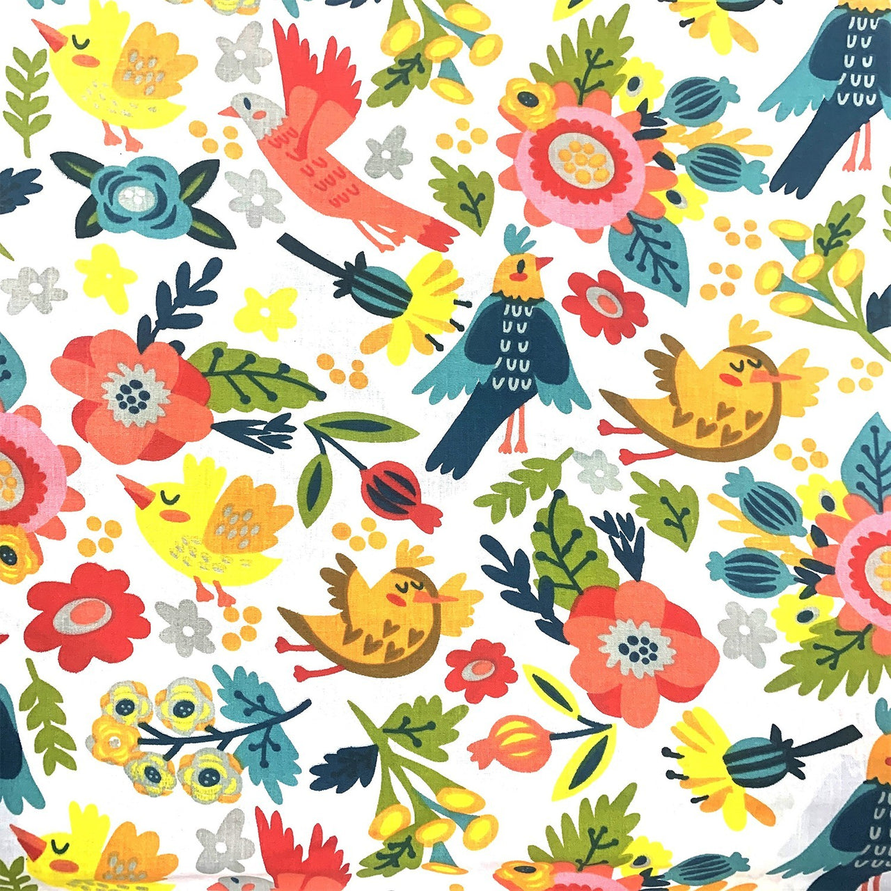 Cotton Fabric - Folklore Hens on White Background