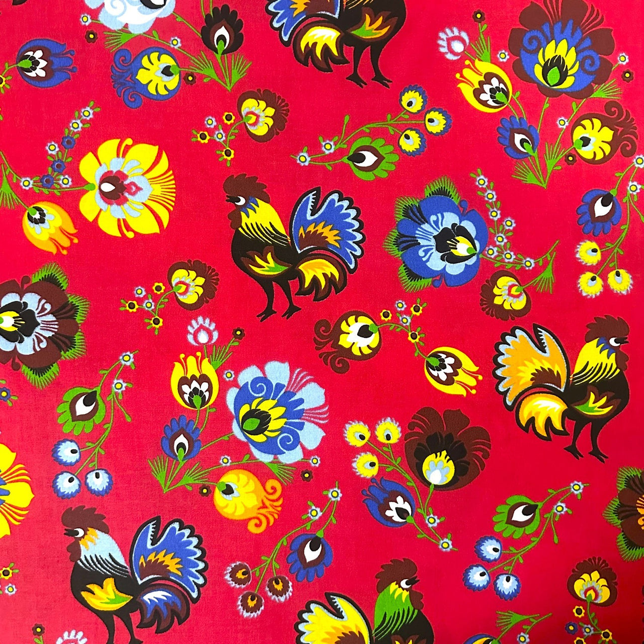 Cotton Fabric - Folklore Rooster Red