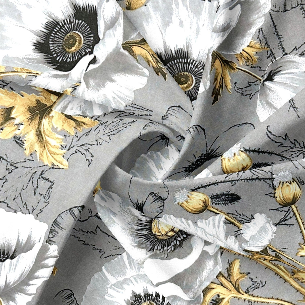 Cotton Fabric - Gray Poppies