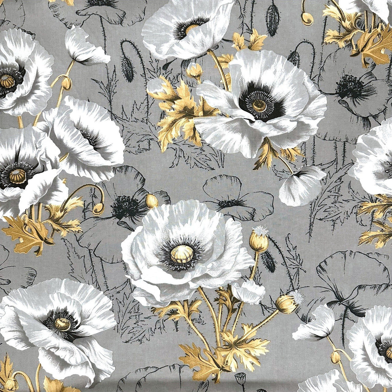 Cotton Fabric - Gray Poppies