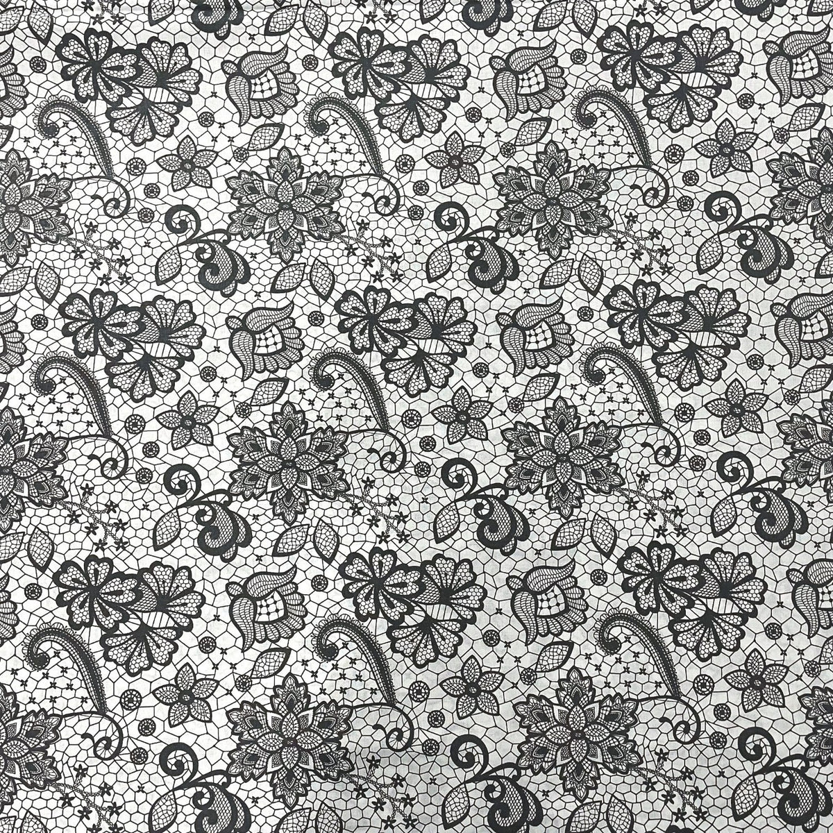 Cotton Fabric - Grey Lace on White